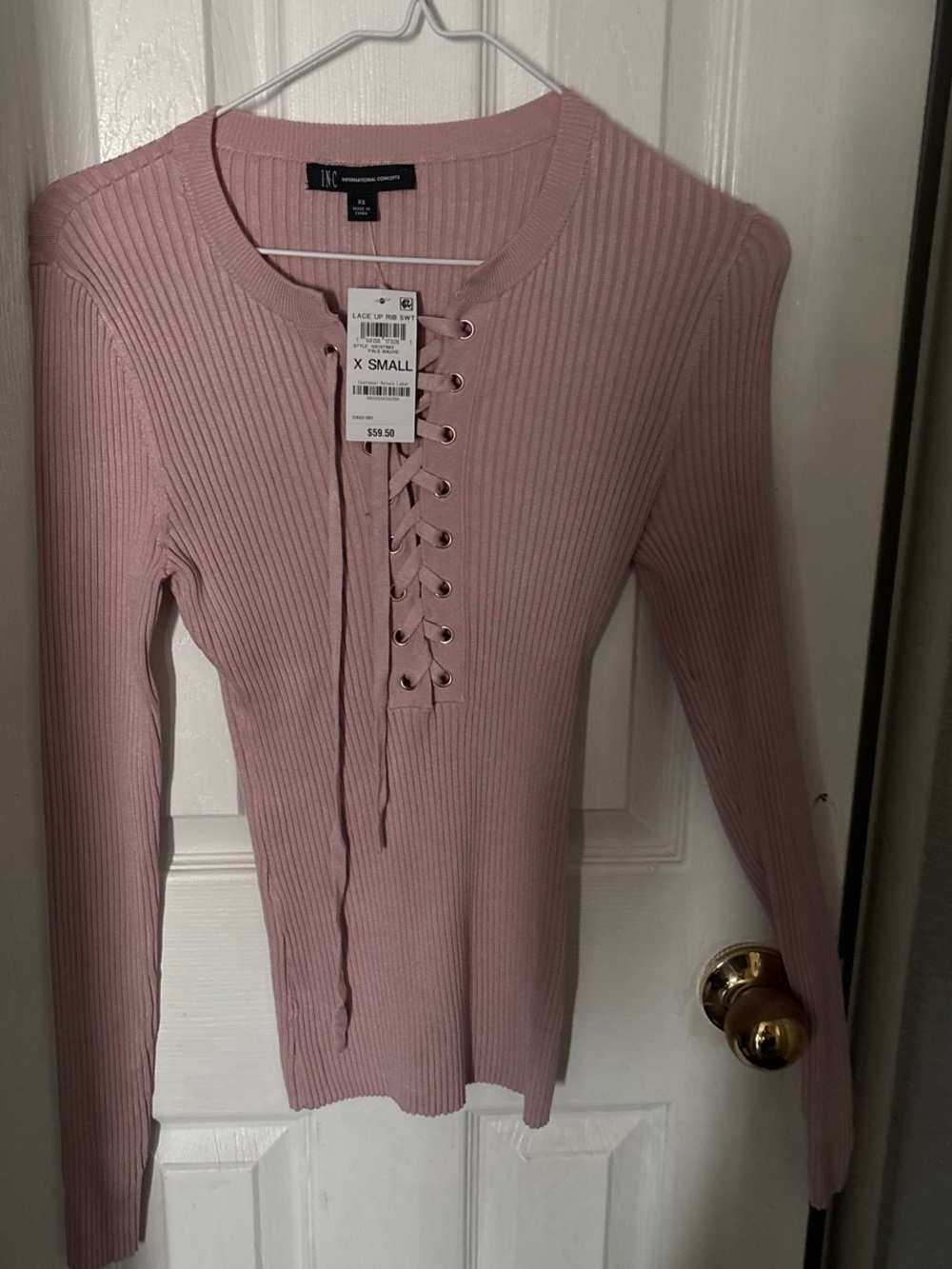 INC International Concepts Ribbed Lace-Up Long Sleeve Top - Dusty Pink